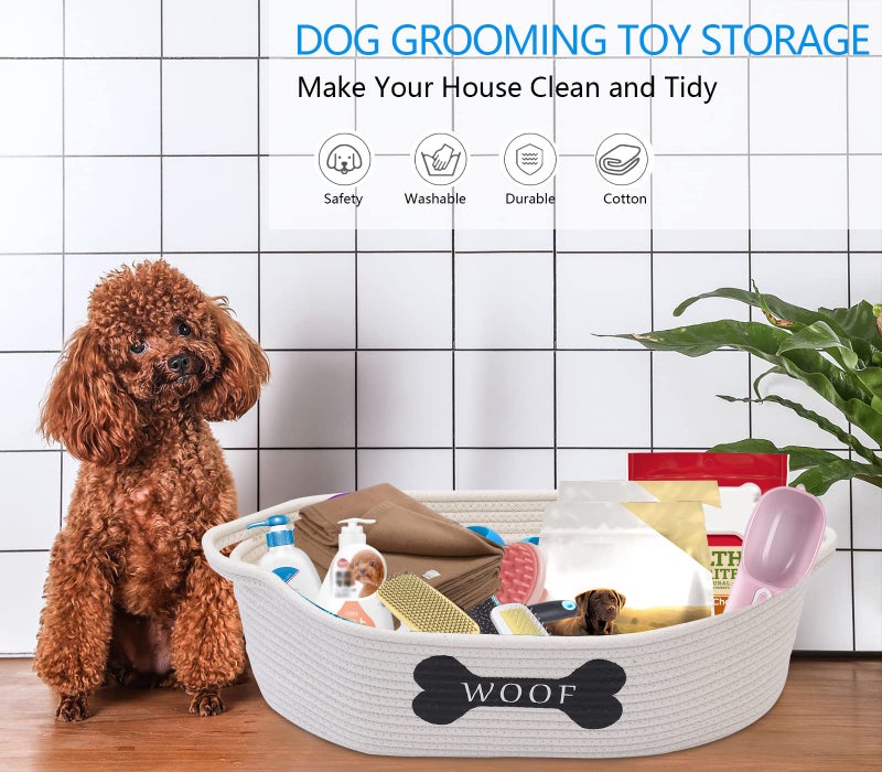 Morezi Dog toy baskets pet toy basket storage in small shallow stuff bin - Perfect for collect puppy toys, cat toy, grooming stuff, diapers, bed, for Bathroom, Playroom, Closet, Home - Beige - Image 1